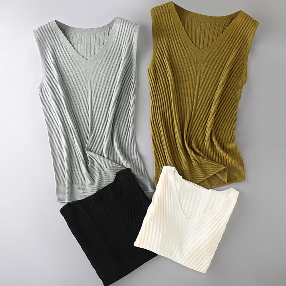 

Womens Sleeveless Sweater Vest V Neck Tank Tops Summer Ribbed Knitted Shirts 45% Mulberry Silk Blend