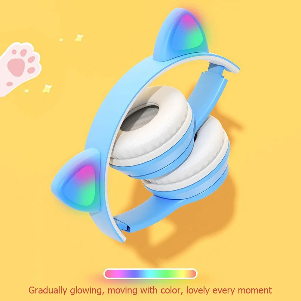 Wireless Cat Ears Headphones Glowing Cool Headset Stereo Bass Bluetooth-compatible 5.0 Cute Over-Ear Headsets for Kids & Adult