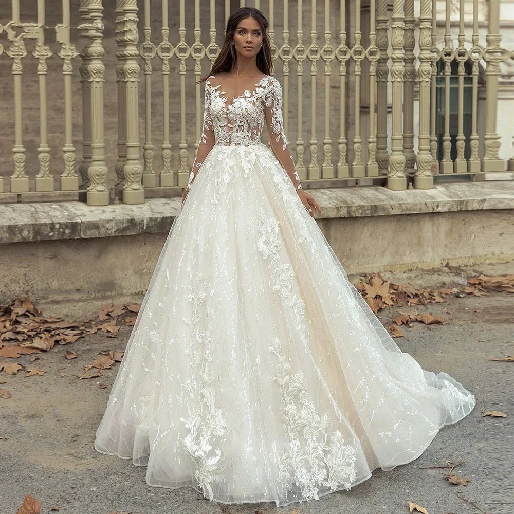 

New Romantic A Line Wedding Dress Customized Long Sleeves V Neck Bridal Gown Appliques Bride Robes Button Back Vestido De Noiva