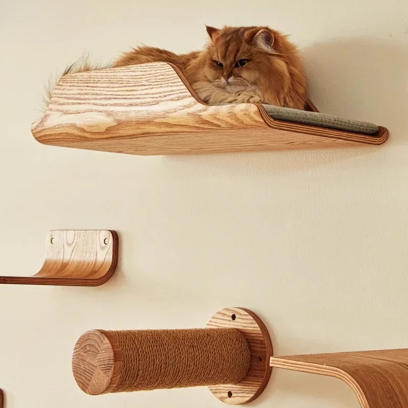 Multifunctional Cat Climbing Tower with Solid Wood Wall Mounted Cat Bed, Sturdy Durable Cat Tree for Cats