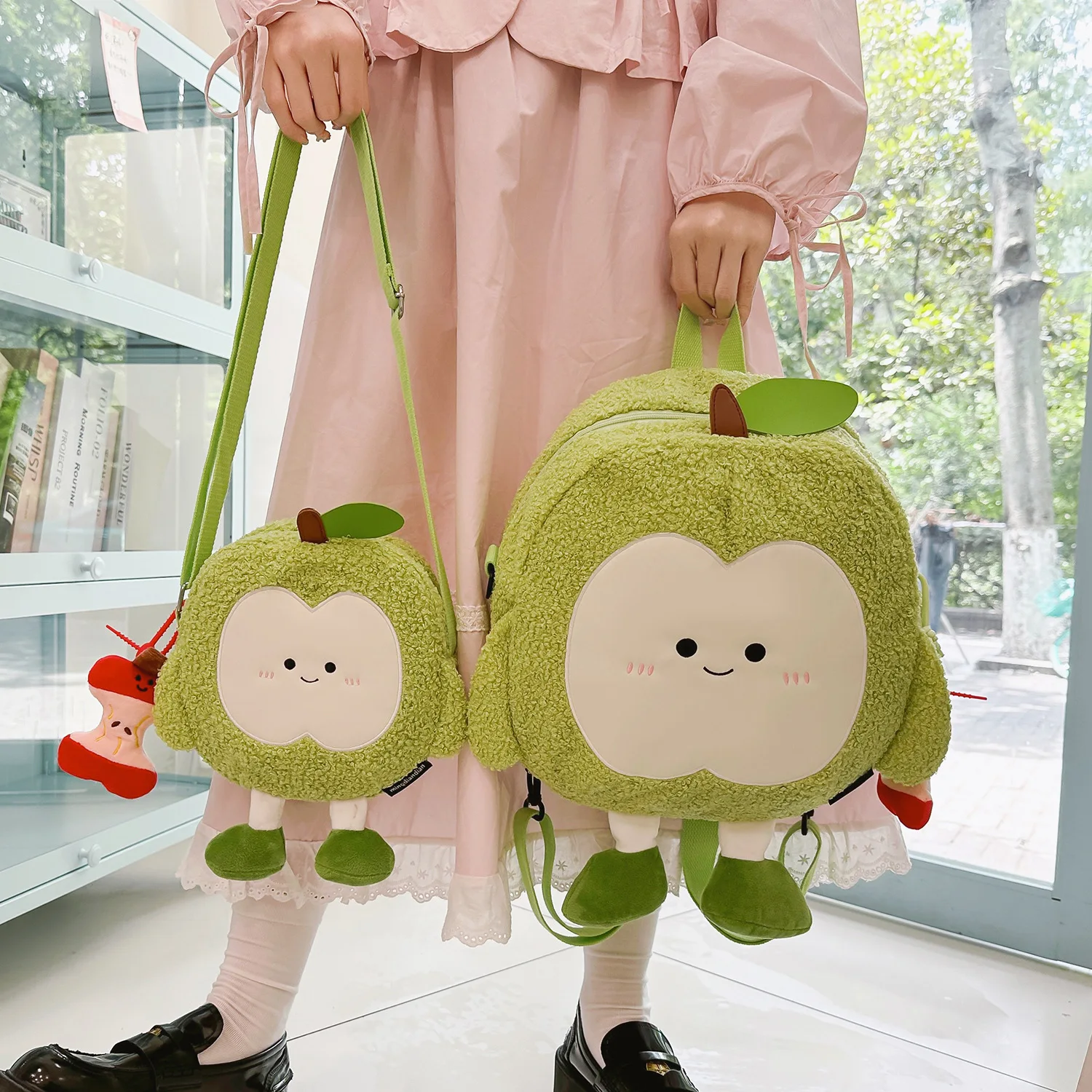 Cute Plush Apple Backpack Kawaii Cartoon Student Bag with Detachable Pendant, Soft Fluffy Shoulder Bag for Travel Daily School