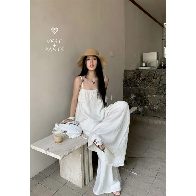 

2026 Summer New Women's White Fashion Two Piece Set Ruffle Trim Camisole Top With Yamamoto Pants Skirt Set