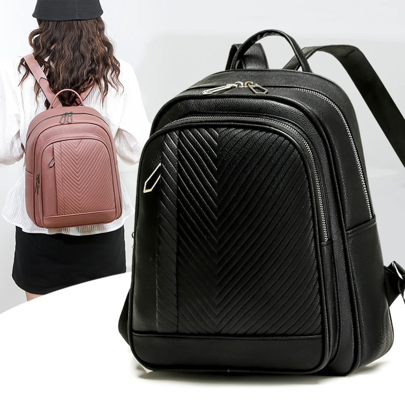Vintage Style Quilted Leather Daypack Women Solid Lightweight Shoulder Backpack with Laptop Compartment Ladies Travel Handbag