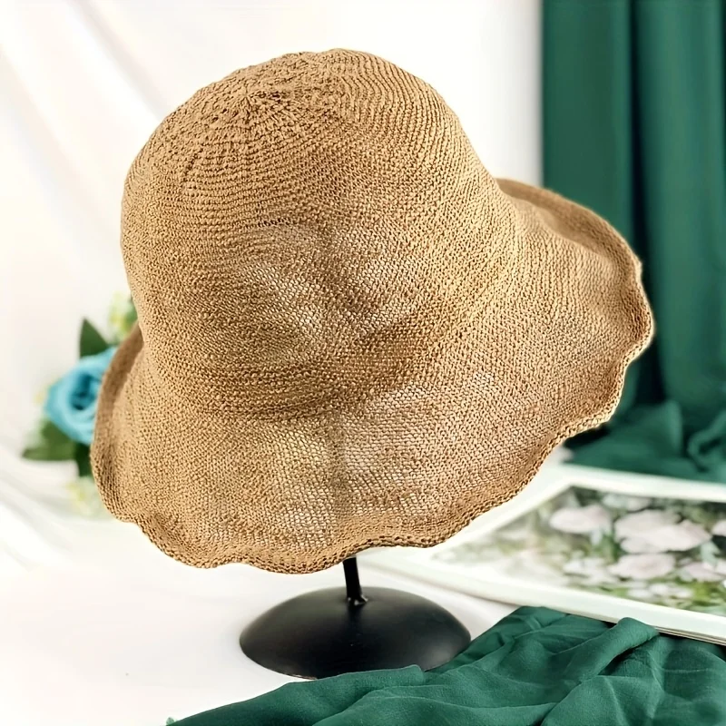 Women's Breathable Foldable Sun Hat Chic Solid Color Bucket Hat Wide Brim Openwork Sun Protection Beach Hat Outdoor Activities