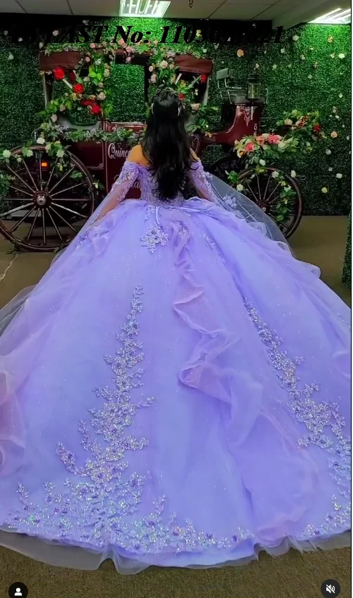 EVLAST Shiny Lavender Lilac Quinceanera Dress Ball Gown Sequins Lace Applique Beading Cape Sweet 16 Vestidos De 15 Anos SQ756