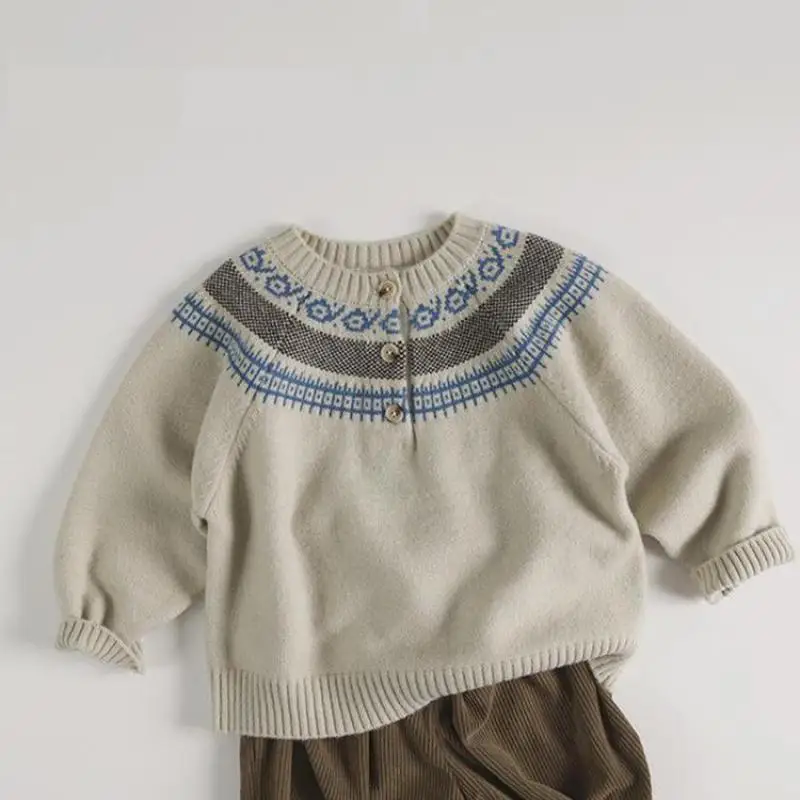 

2024 Autumn New Children Long Sleeve Knit Sweater Fashion Print Baby O-neck Knitted Pullover For Boys Girls Casual Sweater