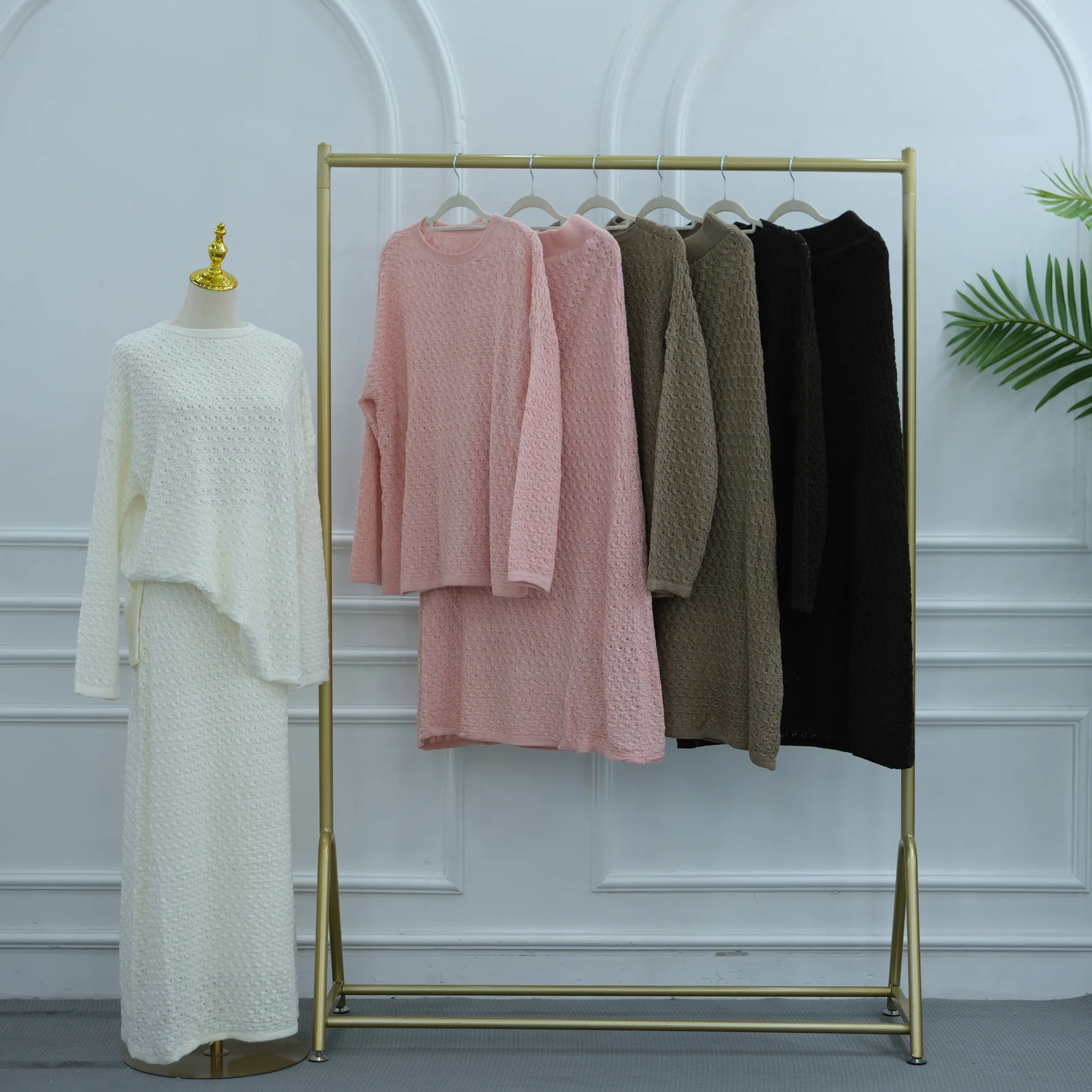 Women Autumn Winter Crochet Hollow Out Knit 2 Piece Outfit Set Long Sleeve Sweater Top Midi Skirt Casual Modest Suit Arab