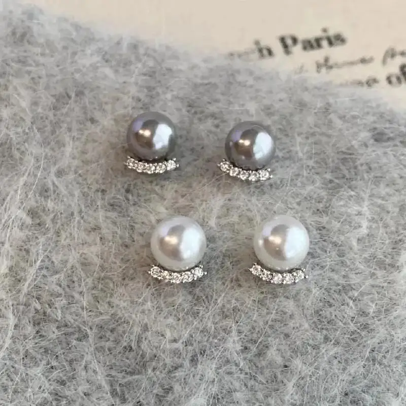 Recién llegado, pendientes de circonita con perla gris de temperamento bonito y dulce para mujer, pendientes pequeños de cristal Vintage a la moda, regalos de joyería
