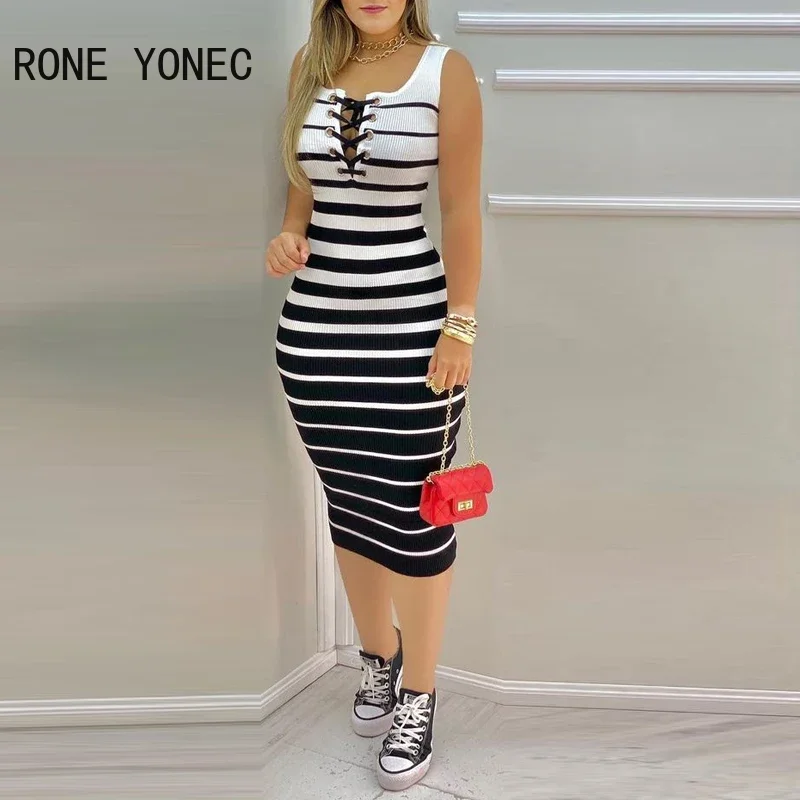 Women Striped Print Colorblock Eyelet Lace Up Bodycon Dress Casual Dress Vacation Dress 2021