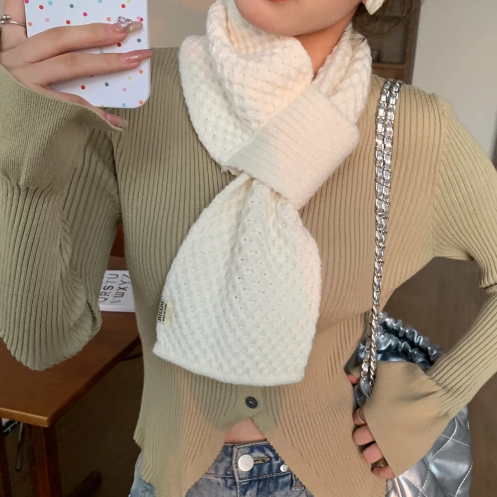 New Winter Scarf Women Fashion Cross Connection Solid Color Knitted Neck Scarf Short Small Neckerchief Thick Warm Scarf