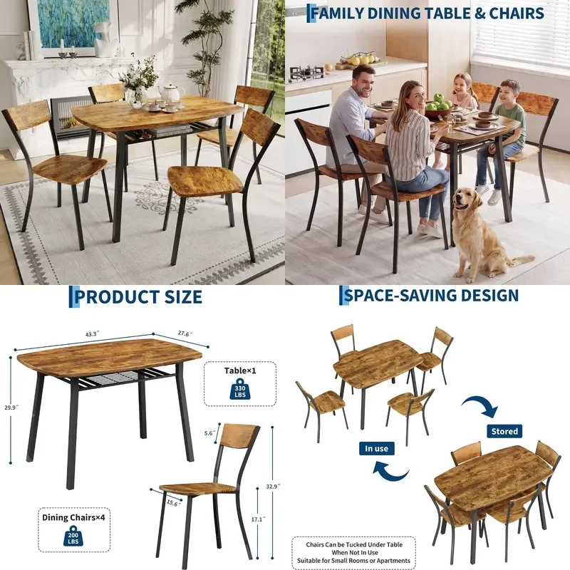 5 Piece Dining Table Set with 4 Chairs, 43 Inch Kitchen Table with Storage Shelf, Space Saving Dining Set for Small Apartment