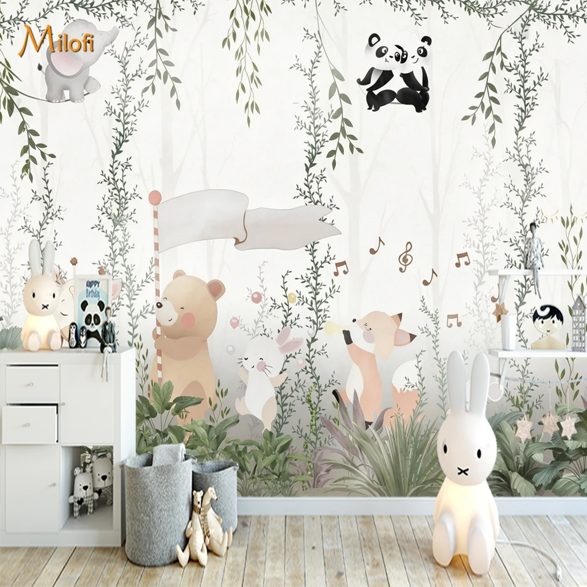 Kids Woodland Animal  Wallpaper Custom Peel Stick Wall Mural Cute Bear Panda Giraffe Green Foliage Nursery Home Wall Decoration