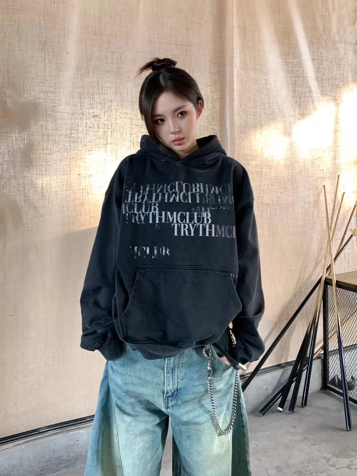 

Retro Fleece Hoodie Women's Long Sleeve Overhead Cotton Pure Color Black Autumn New Style Comfortable Loose Fit Streetwear