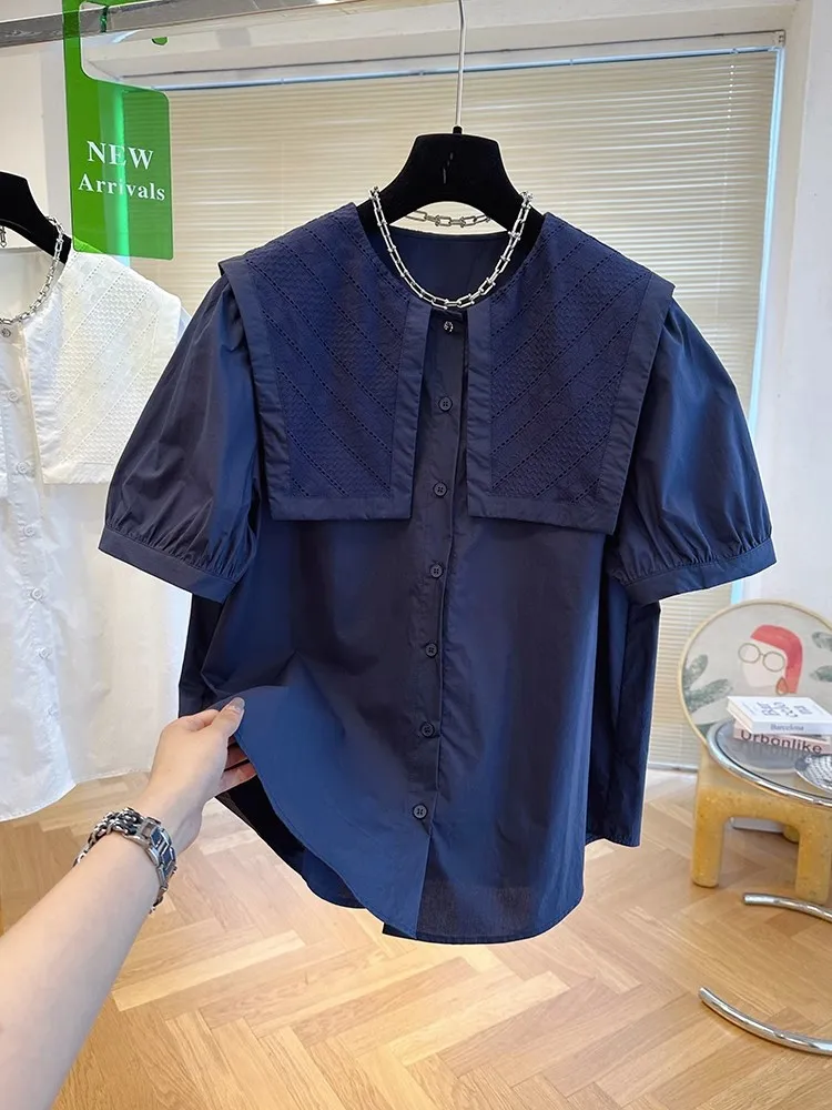 Women Vintage Navy Blue Blouse Loose Off Shoulder O-neck Solid Color Puff Sleeve Loose Tops Shirt