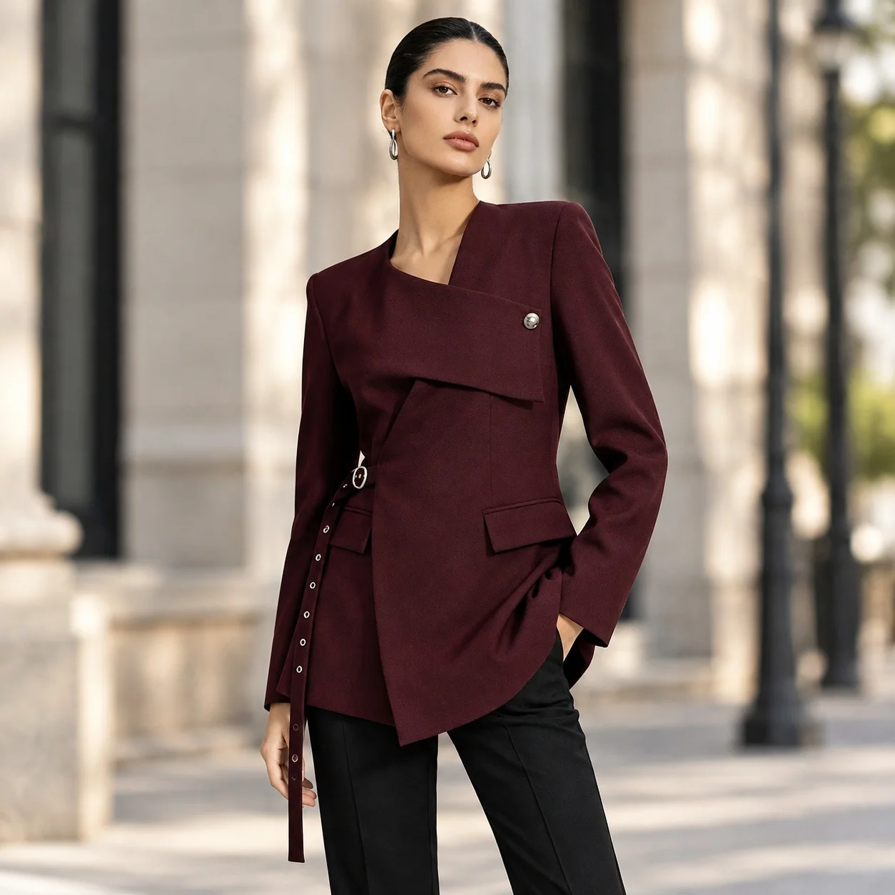 No Hood Belt Mid Length Commuter Chic with Casual Regular Sleeve Dark Button Closure Casual Work Jacket Women Autumn Jacket