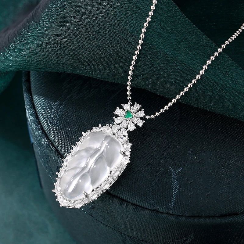 Diamond inlay silver 925 leaf necklace natural ice translucent chalcedony pendant luxury exquisite collar chain wedding jewelry