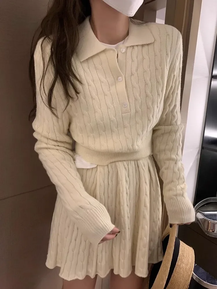 Fashion Grey Apricot Knit 2 Piece Skirt Sets Chic Girl Long Sleeve Twist Short Sweater Jumper&Pleated Mini Skirt 2PC Dress Suits