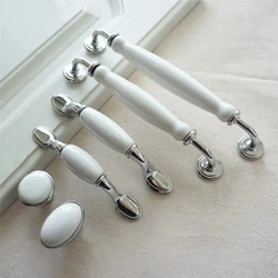 White Ceramic Cabinet Handles Modern Chrome Silver Wardrobe Pulls Round Cupboard Door Knobs Zinc Alloy Furniture Hardware
