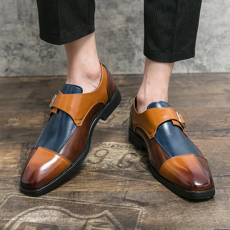 New 47 plus size 48 men\'s patchwork casual leather shoes Men\'s buckle leather loafers Fashion party show Derby shoes