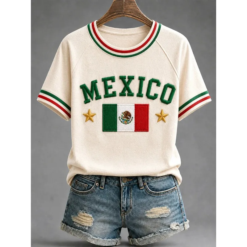 Vintage Mexico 3D All Over Print Crew Neck Short Sleeve Tee, Casual Stylish Essential Shirt Designed For Soccer Fans