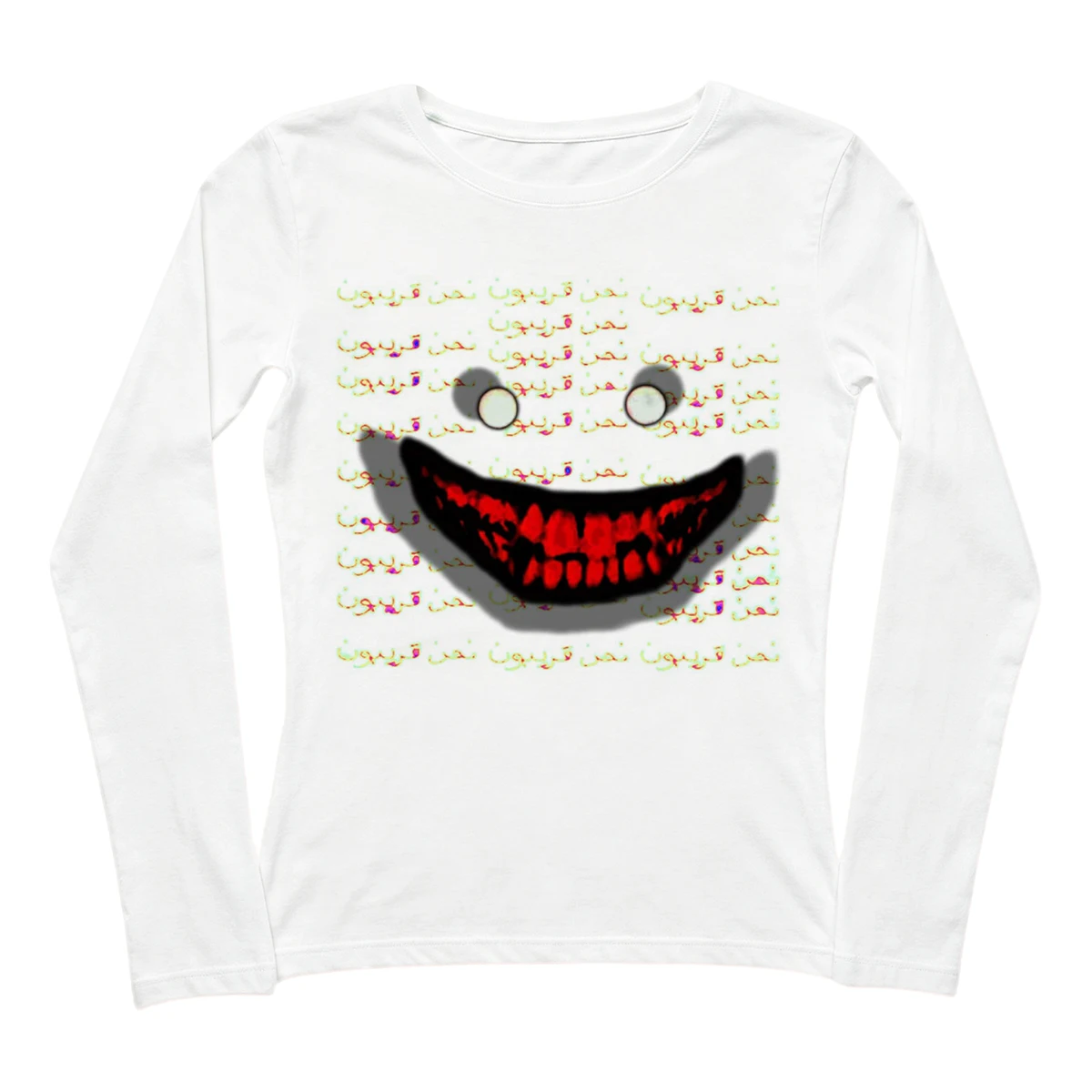 Weirdcore Dark Creepy Smiling Face With Arabic Text Print Women Long Sleeve Tee Y2K Slim Casual T Shirt