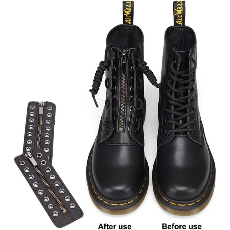 1 Pair PU Leather Zipper Boot Laces Black 8 Eyelets Boot Zipper Inserts Tieless Shoe Laces for Boots