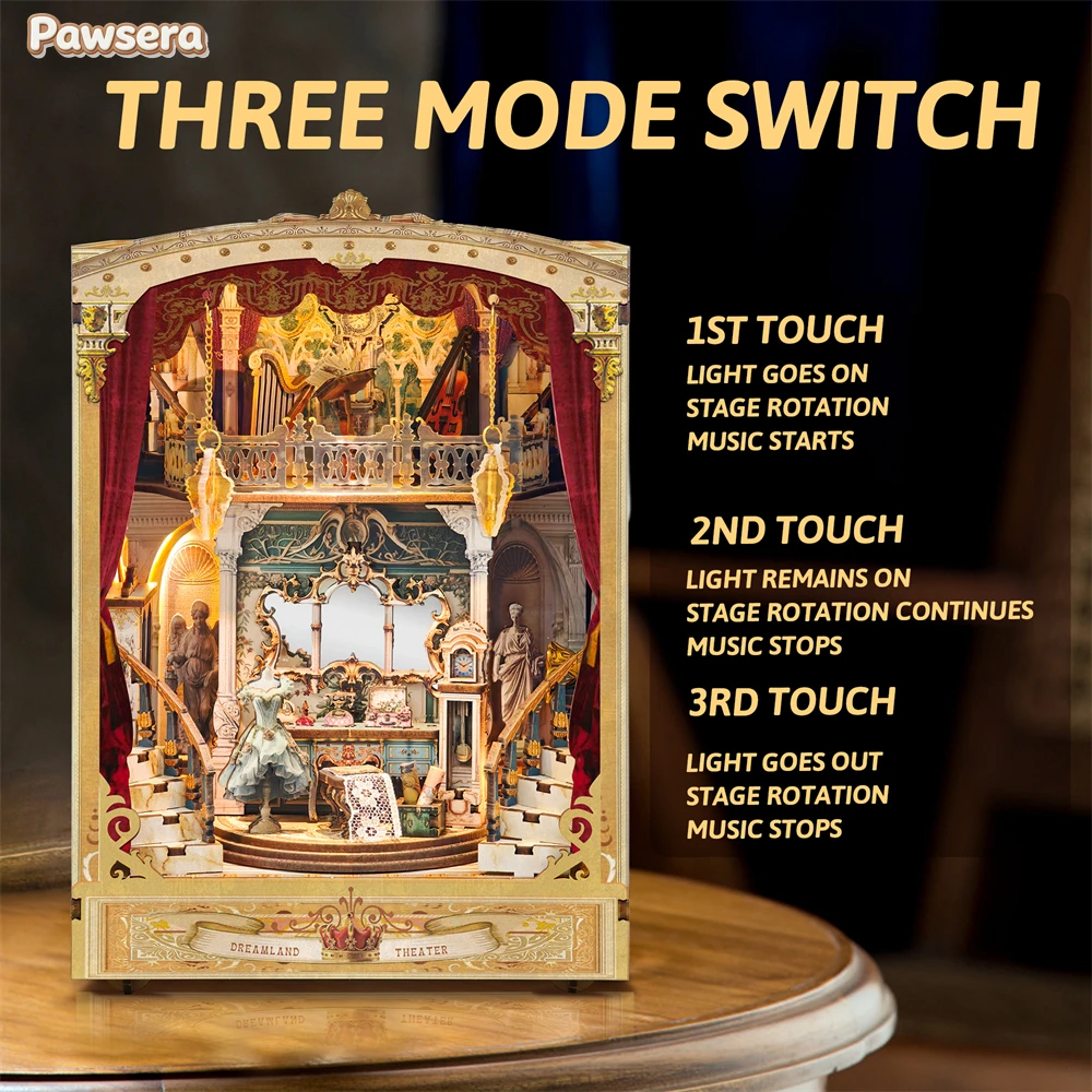 

Pawsera Dreamland Theater Bookshelf Retro DIY Wooden Book Nook Figurines Miniature Kits Home Bookend Decoration For Adult Gifts
