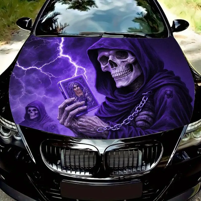

Hooded Skull Reaper Design Car Hood Sticker, Dark Purple Robe with Chain Card Style Car Hood Decal, Eerie Storm Lightning