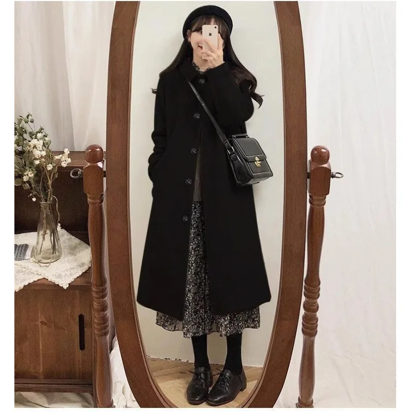 حجم كبير معطف صوفي سميك للمرأة نمط هيبورن خريف شتاء جديد وصول النظام الكوري الراقية ملابس خارجية صوفية سوداء #1