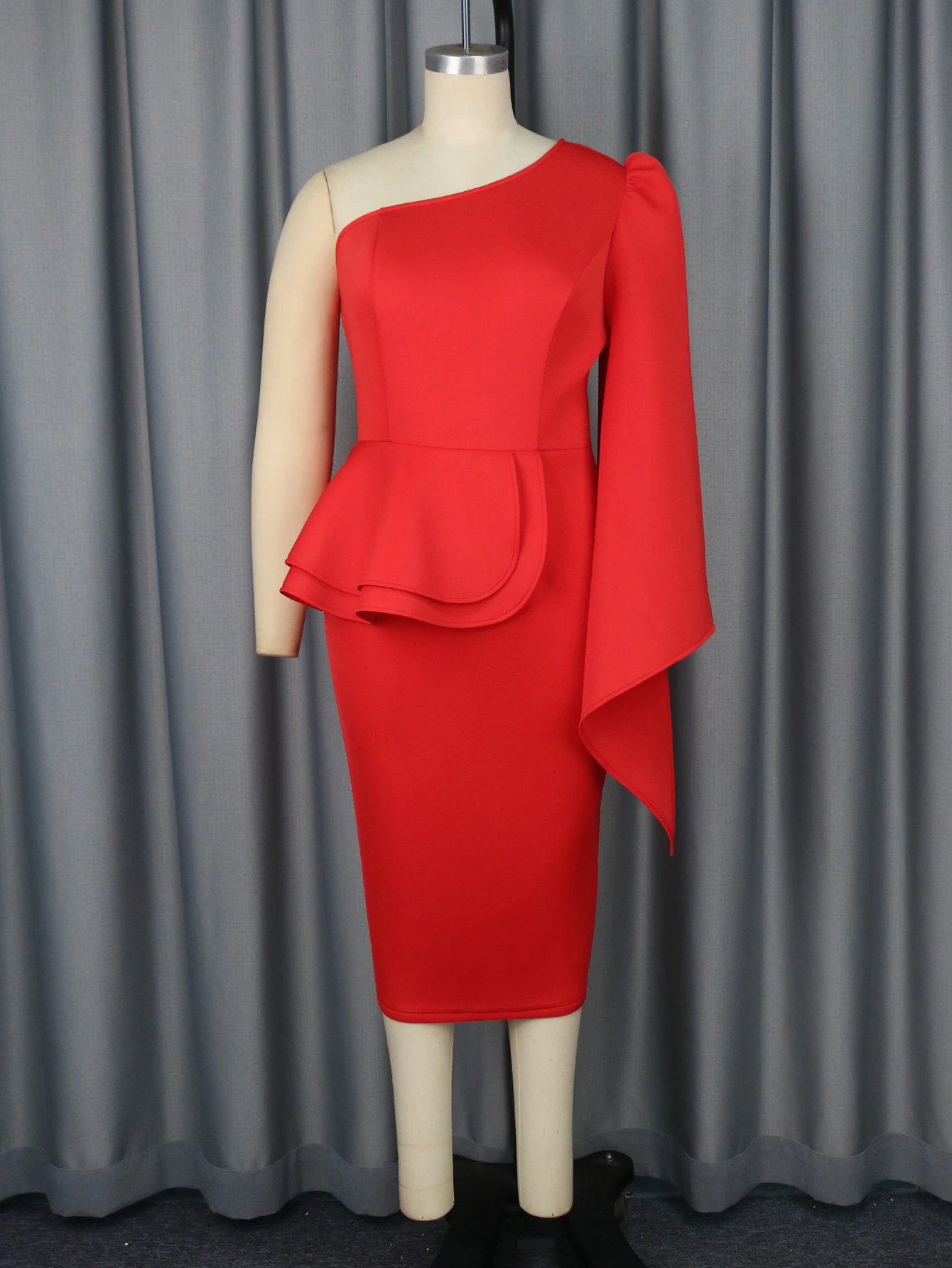 Red Midi Party Dresses One Shoulder Long Flare Sleeve High Waisr Ruffles Package Hip Evening Birthday Cocktail Event Gowns