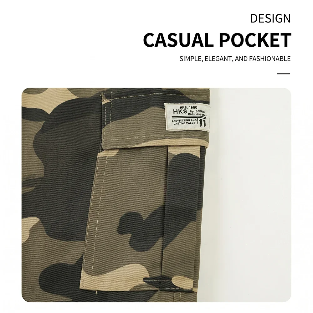 Men's Camo Cargo Shorts Elastic Waist Drawstring Multi Pockets Casual Outdoor Military Camouflage Short Pants Summer Work Wear