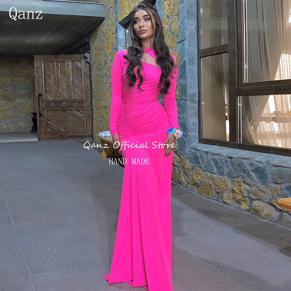 

Qanz Modern Light Pink Prom Dress Mermaid Party Gowns Floor-Length Satin Long Sleeves Occasion Dresses Evening Customized