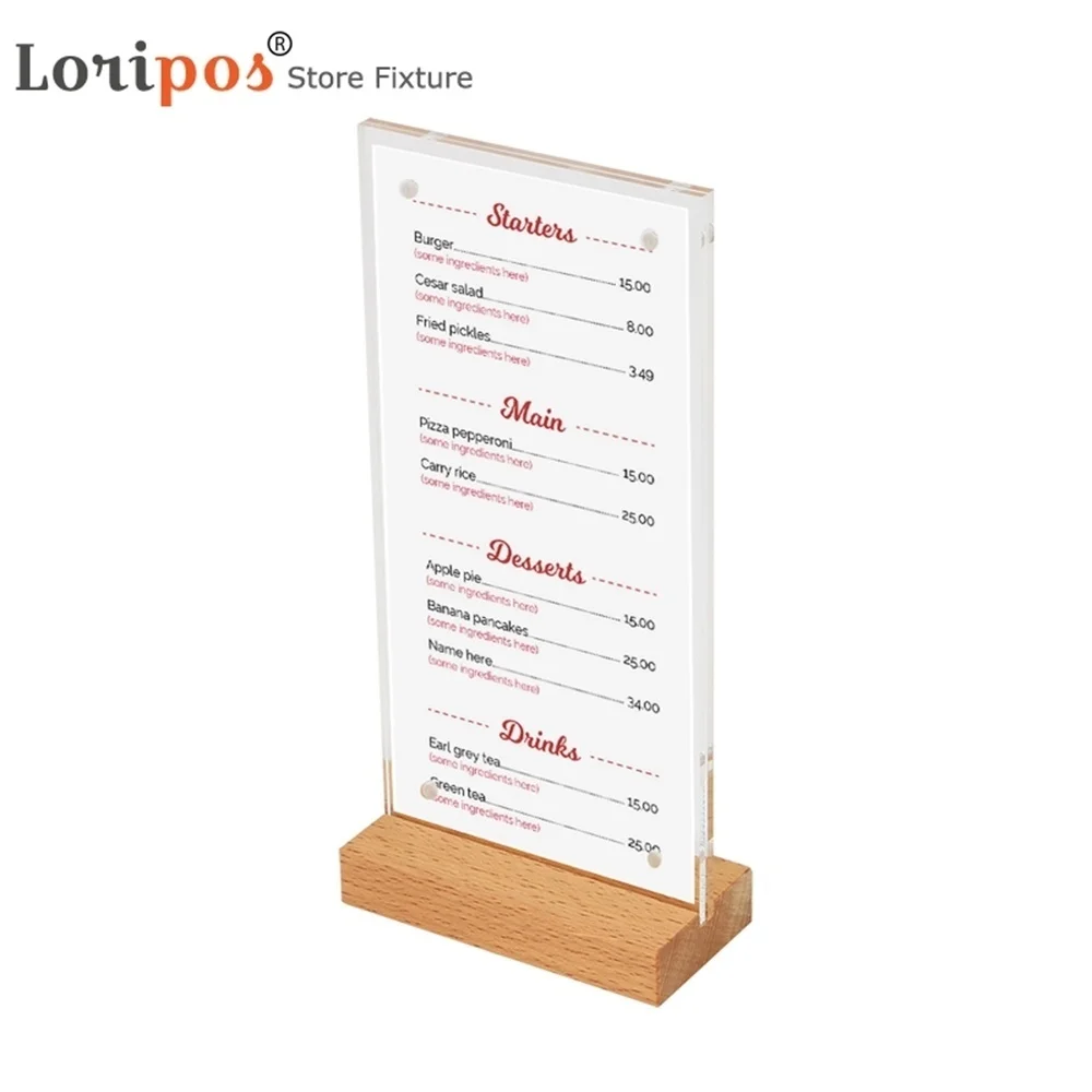 10*20cm Tabletop Wood Base Sign Holder For Restaurant Library Coffee Book Store Upright Acrylic Table Menu Holder Display