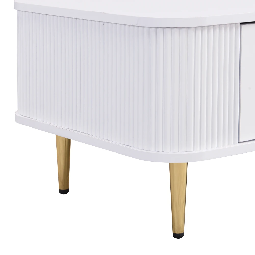 Gebogener Eck-Wohnzimmertisch, goldene Hardware, gewellte Seiten, Doppelfunktions-Couchtisch und Beistelltisch mit Schubladen – Detail 10