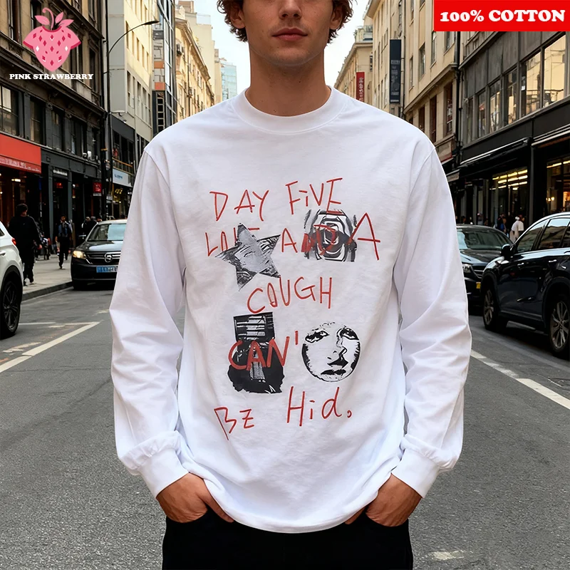 

American Hip-hop Street Print T-shirt Men Autumn 2025 New 100% Cotton Oversize White Long sleeves T-shirt Y2k Tops Men Clothing