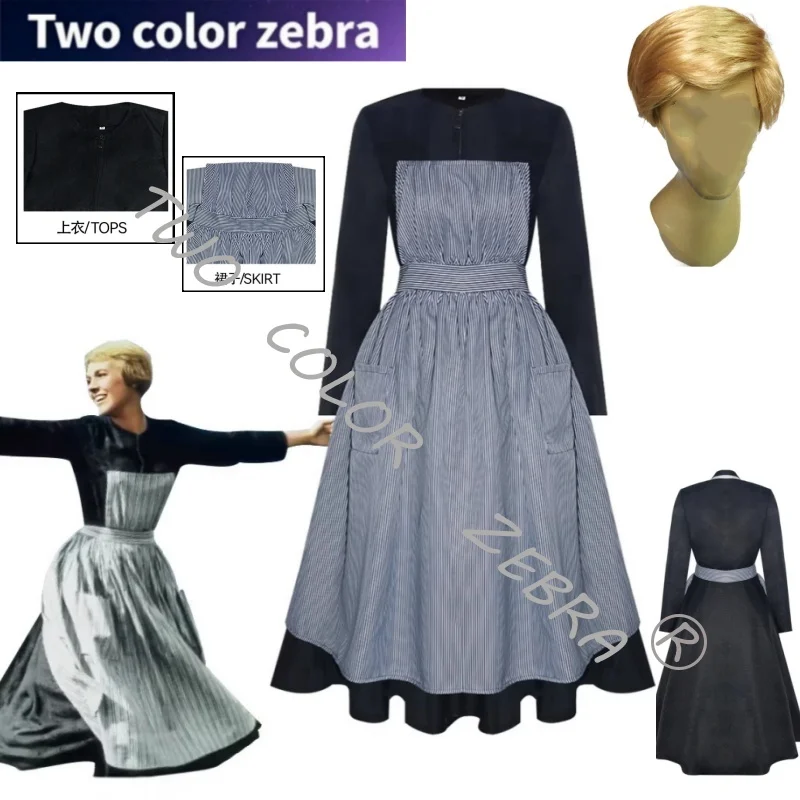 

Movie The Sound of Music Maria Cosplay Women Costume Striped Apron Dress Full Set European Pastoral Suit Middle Ages Carnival