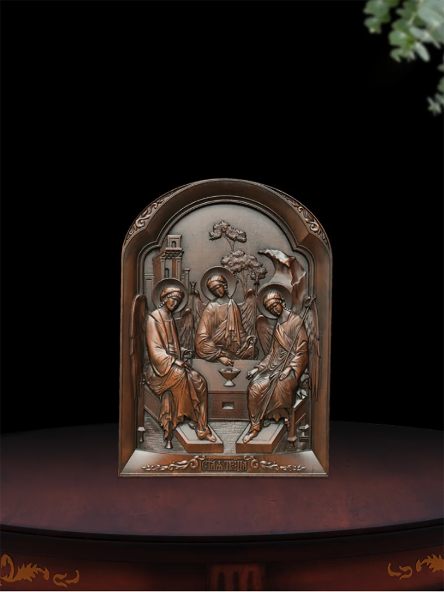 Holy Trinity Icon Wooden Wall Art - Hand Carved Father Son Holy Spirit Orthodox Decor, Catholic Christian Home Altar Hanging Pla