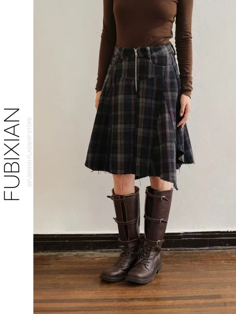 

Retro Asymmetrical Plaid Women's Midi Skirt Loose Fit Autumn Winter Frayed Design College Sle Slimming High Waist Skirt