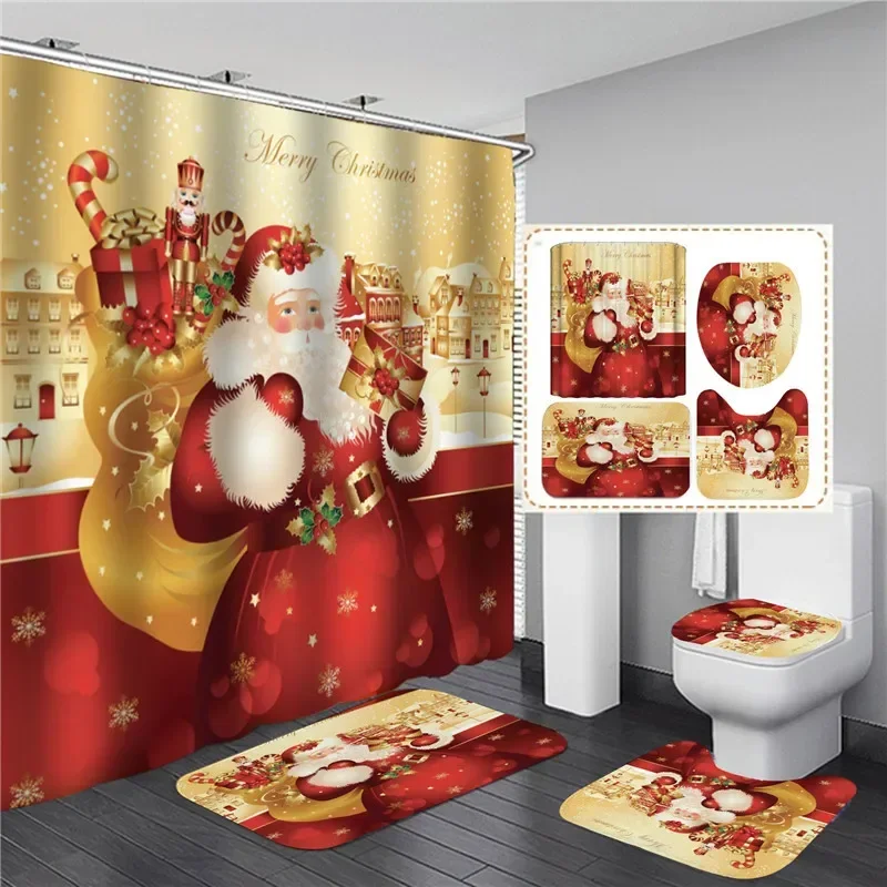 Red Santa Claus Printed Christmas Shower Curtain Set with Bath Mat Anti-slip Carpet Bathroom  Partition Waterproof Home Decor