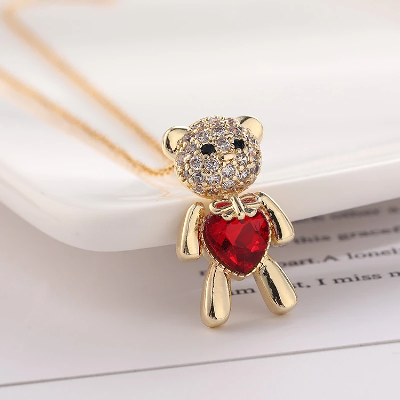 Classic Cute Bear Necklace Fashion a red blazing heart beautiful bow design collarbone pendant for the most beautiful girl gift