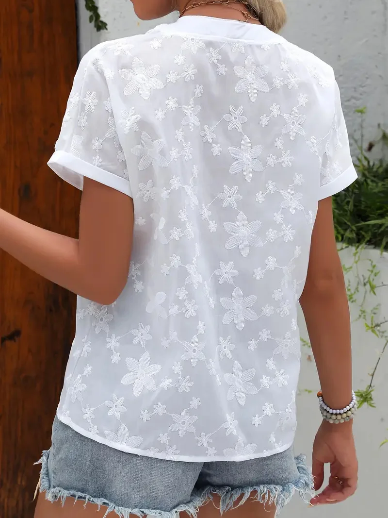 Women's 2026 Summer V-Neck Short Sleeve Shirt – Elegant Solid Color Blouse, Casual Office Top view 2