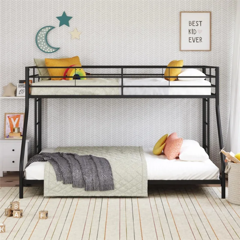 

Small Space Junior Twin over Full Low Profile Metal Bunk Bed, Black bedroom furniture bed frame twin bed frame