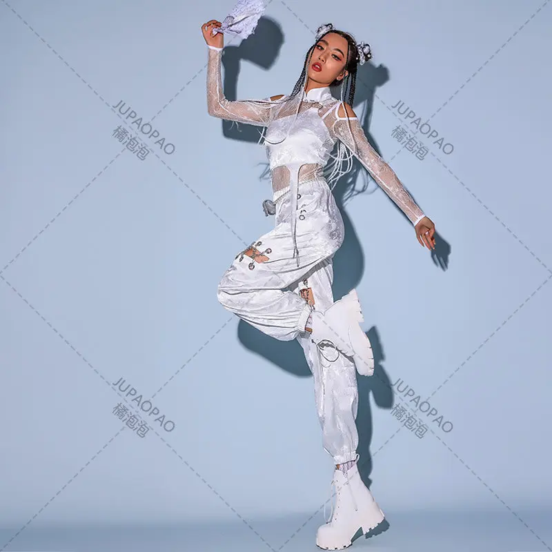 2023New Jazz Dance Costume Women Sexy White Lace Gogo Dancer Outfit Hip Hop Clothes Korean Singer Stage Costume Dj Ds Rave Wear