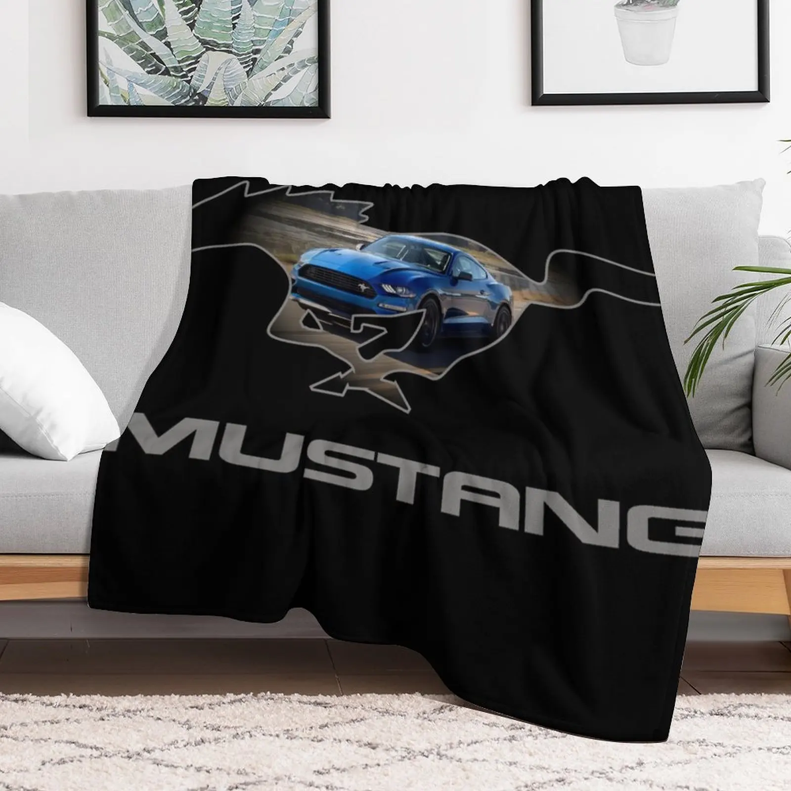 Ford Mustang GT Logo Emblem Design (Blue on Black) Throw Blanket Beautifuls Warm Weighted Multi-Purpose Blankets