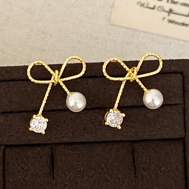 

Real 925 Sterling Silver Zircon Pearl 18K Gold Hollow Bowknot Stud Earrings for Women Cute Fine Jewelry Minimalist Accessory