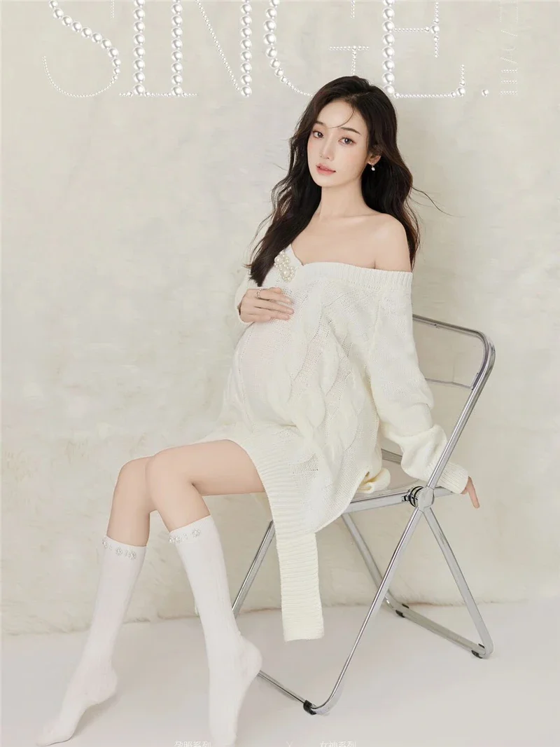 Women Photography White Elegant Knitted V-neck Full Sleeves Maternity Sweater Dresses Pregnancy Studio Photo Clothes