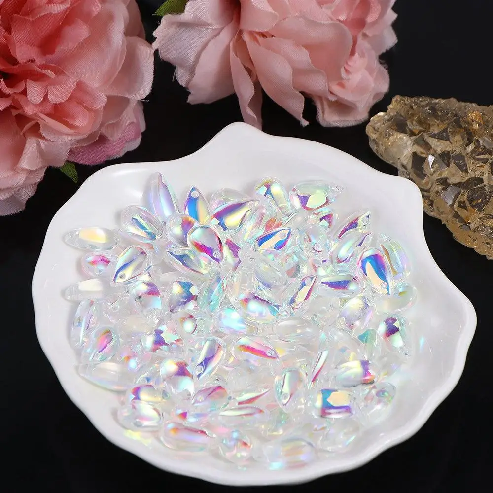 100 PCS Earrings AB Colorful Water Drop Crystal Transparent Perforated Glaze Bead Crystal Ornament Jewelry Making