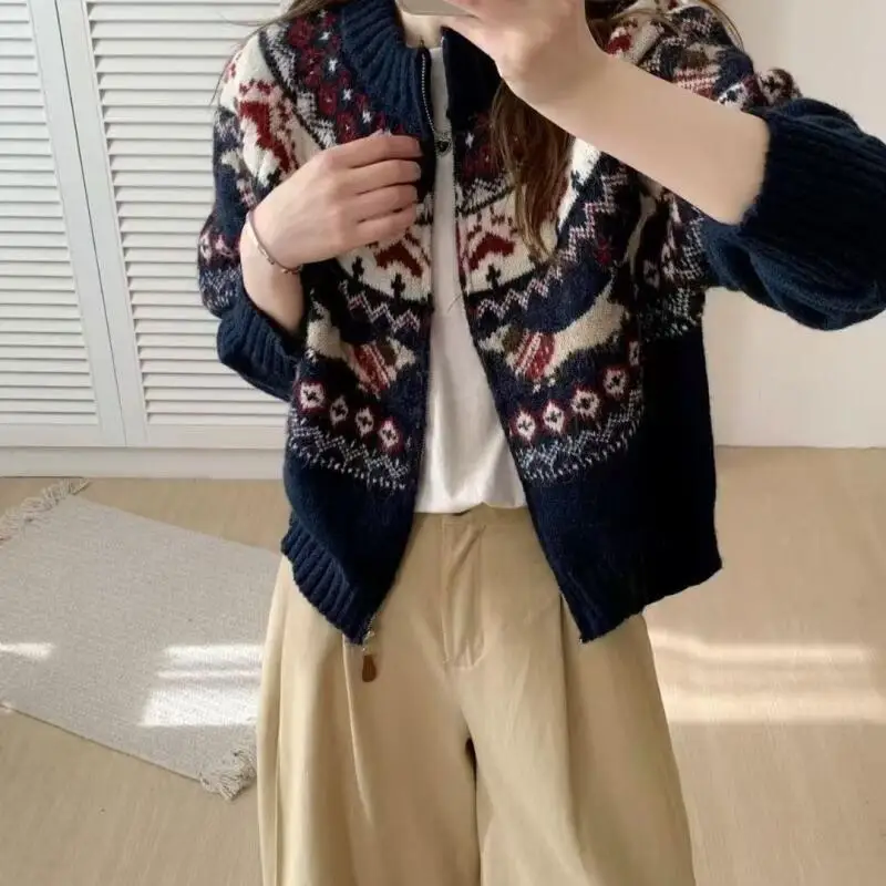 

Женская одежда, свитер, осенне-зимнее новое пальто в стиле ретро, утепленное рождественское свободное трикотажное пальто с цветными блоками, кардиган, топы