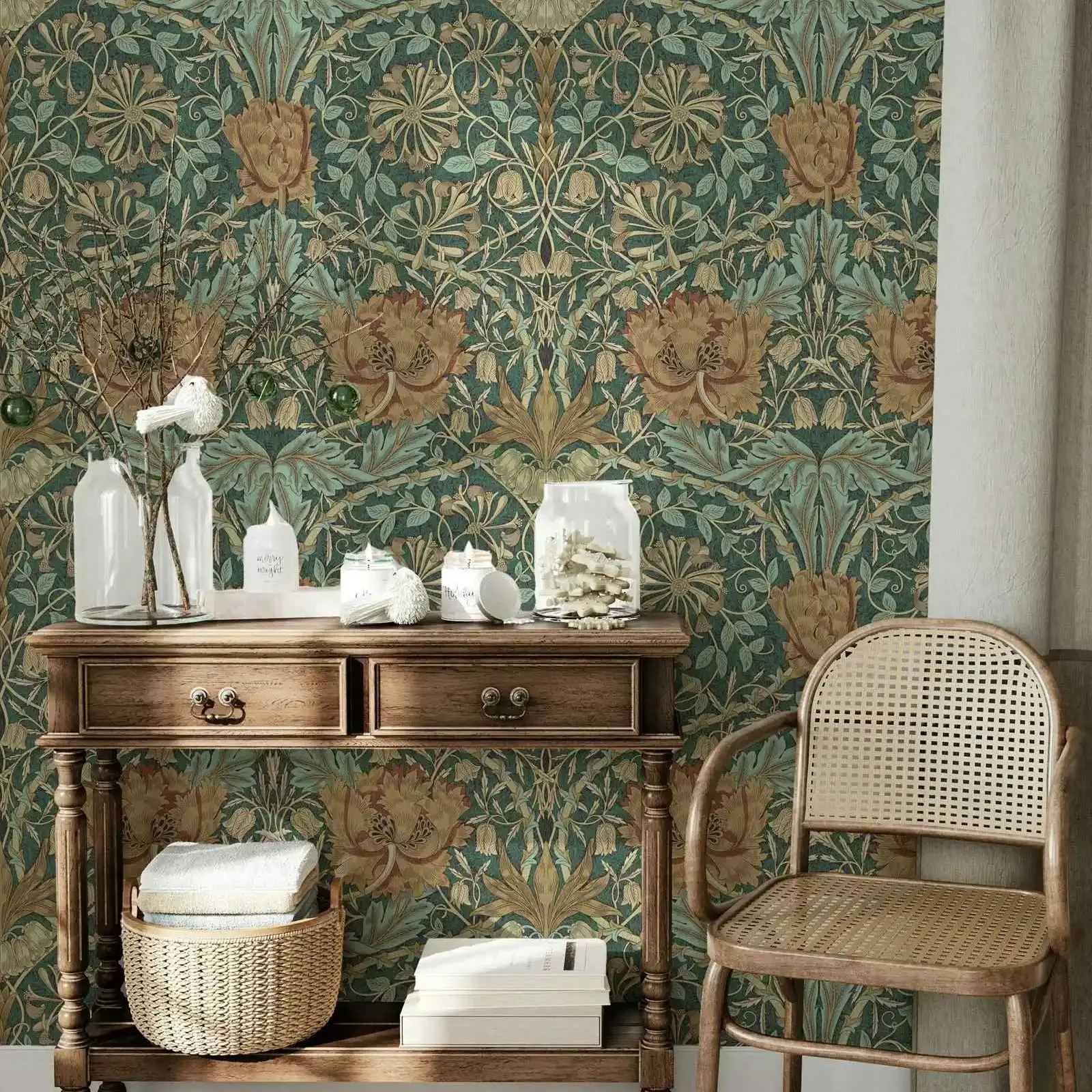 William Morris Honeysuckle Trellis Wallpaper Peel and Stick. Vintage Floral Wall Mural For Room Decor,Self-adhesive Or Tradition