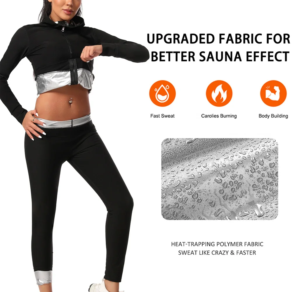 Naisstoo Women Sauna Sweat Suit for Weight Loss Long Sleeves Workout Shirt and Sauna Pants Waist Trainer Fat Burn Slimming Suit